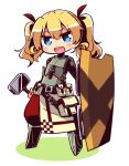  1girl :d armored_boots bangs black_skirt blonde_hair blue_eyes blush boots breastplate chibi colored_shadow commentary_request eyebrows_visible_through_hair fortress_(sekaiju) full_body hair_between_eyes hair_ribbon holding holding_hammer holding_shield long_hair long_sleeves looking_at_viewer naga_u open_mouth pants puffy_pants red_pants red_ribbon ribbon round_teeth sekaiju_no_meikyuu sekaiju_no_meikyuu_4 shadow shield skirt smile solo standing teeth twintails upper_teeth v-shaped_eyebrows white_background 