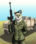  anthro ar-15 army camo canid canine day desert fur green_eyes gun hat holding_object holding_weapon male mammal mikotaj_galaska military outside ranged_weapon rifle smartwhitefang solo standing tan_fur vehicle weapon 