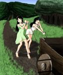  absurdres barefoot bdsm black_hair bondage bound bound_ankles bound_wrists brown_eyes cart chain collar cuffs day dirty_feet grass highres higurashi_kagome inuyasha leash leash_pull long_hair multiple_girls nightgown outdoors resisting rocatr88 sango shackles slave 