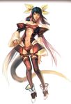  1girl asymmetrical_wings bare_shoulders black_legwear blue_hair breasts choker collarbone detached_sleeves dizzy feathered_wings feathers full_body green_wings guilty_gear guilty_gear_x guilty_gear_xx hair_ribbon hair_rings long_hair long_sleeves midriff navel red_eyes ribbon solo standing tail tail_ribbon thighhighs twintails underboob white_wings wings yellow_ribbon 