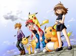  1girl 2boys blue_(pokemon) blue_(pokemon)_(classic) crossed_arms dress hat jolteon multiple_boys ookido_green pikachu pokemon pokemon_(game) pokemon_rgby raichu red_(pokemon) red_(pokemon)_(classic) yoshi_(pipipu) 