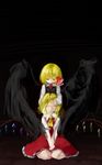  angel_wings ascot black_vest black_wings blonde_hair bow collared_shirt covering_another's_eyes covering_eyes dark evil_smile flandre_scarlet hair_bow hand_on_another's_chin hand_over_another's_eyes hands_on_lap highres multiple_girls red_eyes red_skirt red_vest rumia seiza shirt short_hair sitting skirt smile touhou vest white_shirt wings zakozako_y 