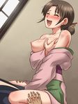  areolae awa bare_shoulders blush breast_grab breasts brown_hair clothed_sex eyes_closed girl_on_top hair_bun hair_ornament hair_stick hanasaku_iroha japanese_clothes kimono large_breasts legs lying mole nipples no_bra old_man open_clothes open_mouth sex sitting sitting_on_person solo_focus thighs vaginal wajima_tomoe 