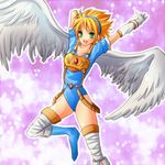  alternate_costume angel_wings armor blonde_hair blue_eyes blue_leotard boots breath_of_fire breath_of_fire_i gloves green_eyes hairband leotard nina_(breath_of_fire_i) rugi_(lglgl) short_hair solo thighhighs white_wings wings 