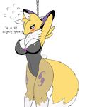  ! 2016 anthro big_breasts black_nose black_sclera blue_eyes blush breasts bridal_gauntlets canine cleavage clothed clothing digimon female fox fur hi_res huge_breasts korean_text mammal navel open_mouth purple_markings raised_arm renamon ribbons rope solo tailzkim text tongue translated translucent transparent_clothing tuft white_fur yellow_fur 