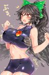  bike_shorts black_hair blush breasts fang highres lactation lactation_through_clothes large_breasts long_hair midriff navel open_mouth ponytail purple_background red_eyes reiuji_utsuho roki_(hirokix) simple_background solo sweat touhou trembling tsurime 