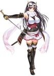  alpha_transparency armor black_hair breasts chobipero daihannya_nagamitsu_(tenka_hyakken) full_body huge_breasts impossible_clothes japanese_armor long_hair mask miniskirt official_art scarf skirt solo sword tenka_hyakken transparent_background weapon white_scarf yellow_background 