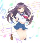  blush haruchika highres homura_chika jumping kanraku long_hair midriff open_mouth purple_hair red_eyes school_uniform serafuku skirt smile solo 