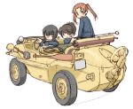  3girls amphibious_ground_vehicle bangs black_eyes black_hair blue_jacket boat brown_eyes brown_hair car closed_mouth commentary driving girls_und_panzer ground_vehicle jacket kadotani_anzu kawashima_momo koyama_yuzu long_hair long_sleeves looking_at_viewer looking_back military military_uniform military_vehicle monocle motor_vehicle multiple_girls oar ooarai_military_uniform open_mouth parted_bangs short_hair shovel simple_background sitting sketch smile twintails uniform uona_telepin vehicle_request watercraft white_background 