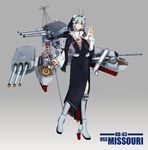  :d = aqua_hair boots gradient gradient_background highres jewelry monocle necklace nun open_mouth original personification red_eyes rudder_shoes side_slit smile solo staff turret uss_missouri_(bb-63) v wide_sleeves yoshimizu_amine 