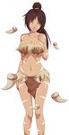  1girl bare_legs bare_shoulders belly blue-senpai breasts brown_hair cleavage facial_mark feathers female forehead_mark fur_trim large_breasts league_of_legends lips long_hair looking_away nidalee ponytail simple_background solo standing tribal white_background yellow_eyes 