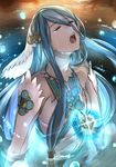 aqua_(fire_emblem_if) aqua_hair blue_hair bridal_gauntlets closed_eyes commentary_request dress fire_emblem fire_emblem_if gloves glowing guu_(artist) hair_between_eyes hair_tubes hairband jewelry long_hair necklace open_mouth partially_submerged solo teardrop teeth veil very_long_hair water water_drop 