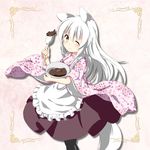  animal_ears apron blush bowl chocolate fox_ears fox_tail geso_(nekomachi) holding japanese_clothes kitsune looking_at_viewer mixing_bowl one_eye_closed original simple_background smile solo tail white_hair wide_sleeves yellow_eyes 