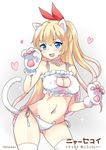  animal_ears artist_name ass_visible_through_thighs bad_id bad_pixiv_id bell bell_choker blonde_hair blue_eyes blush bra breasts cat_cutout cat_ear_panties cat_ears cat_lingerie cat_paws cat_tail choker cleavage_cutout covered_nipples frilled_bra frills gloves hair_ribbon heart jingle_bell kaetzchen kirisaki_chitoge long_hair medium_breasts meme_attire navel nisekoi one_eye_closed open_mouth panties paw_gloves paw_pose paws ribbon side-tie_panties signature solo stomach tail thighhighs underwear underwear_only white_background white_bra white_legwear white_panties 