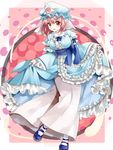  blue_dress breasts dress full_body hat japanese_clothes large_breasts long_sleeves mary_janes mob_cap nagare obi open_mouth pink_eyes pink_hair saigyouji_yuyuko sash shoes short_hair solo touhou triangular_headpiece white_legwear wide_sleeves 