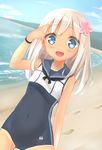  1girl beach blonde_hair blue_eyes blush crop_top flower footprints hair_flower hair_ornament kantai_collection navel one-piece_swimsuit one-piece_tan open_mouth ro-500_(kantai_collection) salute sand senifu shoreline swimsuit tan water 