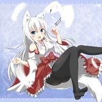  animal_ears bird blue_eyes blush bow crane_(animal) detached_sleeves feathers fox_ears fox_tail frills geso_(nekomachi) japanese_clothes kitsune long_hair looking_at_viewer miko open_mouth original pantyhose simple_background solo tail white_hair wide_sleeves 