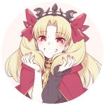  1girl bangs blonde_hair blush chan_co ereshkigal_(fate/grand_order) fate/grand_order fate_(series) hair_ribbon hands_in_hair hands_up hood jewelry long_hair looking_at_viewer red_eyes ribbon single_sleeve smile solo tiara widow&#039;s_peak 