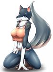  2016 anthro belt big_breasts blue_eyes blue_fur blue_nose breasts canine clothed clothing crop_top female fur grey_fur hi_res kneeling looking_at_viewer mammal navel open_mouth pants raised_tail shirt simple_background smile tailzkim tattoo teeth tongue tuft white_background white_fur wolf 