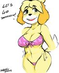  2016 animal_crossing anthro big_breasts blush breasts canine cleavage clothed clothing dialogue dog english_text female green_eyes isabelle_(animal_crossing) mammal nintendo noodle-lu open_mouth smile solo swimsuit text video_games 