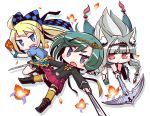  3girls 7th_dragon_(series) 7th_dragon_iii :d :o animal_ear_fluff animal_ears bangs belt belt_buckle black_footwear black_jacket blonde_hair blue_belt blue_eyes blue_jacket blush boots bow buckle card character_request checkered checkered_bow commentary_request drop_shadow dual_wielding fang flower green_hair green_shirt hair_bow holding holding_card holding_sword holding_weapon jacket knee_boots leaning_forward long_hair multiple_girls naga_u open_clothes open_jacket open_mouth parted_lips petals pleated_skirt puffy_short_sleeves puffy_sleeves purple_eyes red_eyes red_flower red_skirt shirt short_eyebrows short_sleeves silver_hair skirt smile sword thick_eyebrows thighhighs thighhighs_under_boots very_long_hair weapon white_background yellow_bow yellow_legwear 