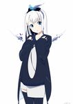  black_legwear blue_eyes collarbone hands_on_own_chest head_tilt long_hair looking_at_viewer original signature silver_hair simple_background sleeves_past_wrists sohin solo thighhighs white_background 