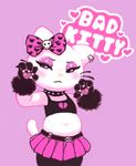  cat claws clothing collar crookedtrees ear_piercing feline female fur hello_kitty makeup mammal piercing pink_background sanrio simple_background skirt slightly_chubby solo white_fur 