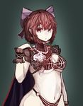  alternate_costume armor bikini_armor black_flower black_rose bow breasts cape cleavage commentary_request flower hair_bow high_collar kikimifukuri looking_at_viewer medium_breasts navel o-ring o-ring_bottom pale_skin red_eyes red_hair rose sekibanki solo touhou underboob upper_body white_flower white_rose wrist_cuffs 