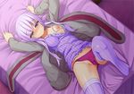  bed blush breasts hoodie long_hair nipples no_bra panties papino purple_eyes purple_hair thighhighs underwear vocaloid voiceroid yuzuki_yukari 