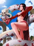  amazon arm_up black_hair blue_eyes boa_hancock cleavage_cutout cloud day earrings hand_behind_head highres horns jewelry leg_up legs lipstick long_hair makeup midriff mspk navel one_piece outdoors revealing_clothes salome_(one_piece) signature skull sky snake snake_earrings 