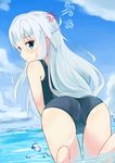  anger_vein blue_eyes cube_(cube00) hibiki_(kantai_collection) kantai_collection long_hair one-piece_swimsuit school_swimsuit silver_hair solo swimsuit 