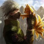  animal artist_name blue_sky blurry cloud day depth_of_field fence fingerless_gloves forehead_protector fox from_side gloves hatake_kakashi holding holding_animal male_focus mask multiple_tails naruto naruto_(series) oreki_genya red_eyes scar scar_across_eye sky sunlight tail upper_body white_hair 