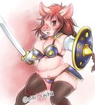  armor artist_request brown_eyes furry long_hair open_mouth pig red_hair sword 