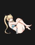  absurdres ass bikini black_background blonde_hair blue_bikini blue_eyes breasts dead_or_alive dead_or_alive_5 highres kamitsuki_manmaru long_hair marie_rose medium_breasts simple_background smile solo swimsuit twintails 