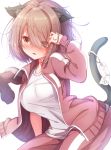  1girl animal_ears bangs blush breasts brown_hair brown_jacket brown_pants cat_day cat_ears cat_girl cat_tail commentary_request eyebrows_visible_through_hair eyes_visible_through_hair hair_over_one_eye hand_up hoshino_miyako_(wataten) jacket kemonomimi_mode large_breasts long_sleeves looking_away matokechi open_clothes open_jacket pants parted_lips red_eyes shirt simple_background solo tail tail_raised track_jacket track_pants track_suit watashi_ni_tenshi_ga_maiorita! wavy_mouth white_background white_shirt 