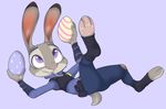  2016 anthro clothing disney easter easter_eggs egg female fur grey_fur hi_res hindpaw holidays judy_hopps lagomorph mammal mistydash pawpads paws police_uniform purple_eyes rabbit simple_background solo uniform zootopia 