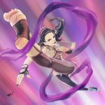  black_hair chinese_clothes closed_mouth commentary fingerless_gloves gloves highres kicking long_hair luong mole mole_under_eye nail_polish pantyhose ponytail scamwich solo the_king_of_fighters the_king_of_fighters_xiv toeless_legwear toenail_polish 