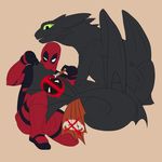  anthro bodypaint crossover crouching deadpool feral how_to_train_your_dragon human humor looking_down mammal marvel membranous_wings painting rear_view scalie syntex toothless wings 