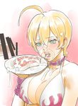  1boy 1girl artist_request blonde_hair breasts censored cleavage collar cum cum_on_food cumdrip facial gokkun head_out_of_frame large_breasts meat open_mouth penis shokugeki_no_souma tongue 