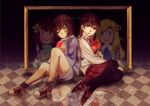  androgynous bare_legs black_legwear black_pantyhose blonde_hair brown_hair crossover eyes_closed floor flower frisk_(undertale) heart holding holding_weapon ib ib_(character) long_hair mary_(ib) pantyhose qin-ying reflection rose_(flower) shoes short_hair shorts skirt smile sneakers undertale weapon weapons 