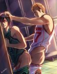  2boys against_wall anal ass erection kuroko_no_basuke locker_room multiple_boys muscle penis sex size_difference testicles thrusting wince yaoi 
