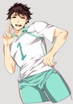  1boy brown_hair haikyuu!! looking_at_viewer male_focus minemura muscle oikawa_tooru_(haikyuu!!) salute smile solo volleyball volleyball_uniform 