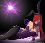  1girl animal_ears breasts bunny_ears bunnysuit cleavage collar erza_scarlet fairy_tail gloves lavirr legs leotard long_hair looking_at_viewer lying pantyhose pink_eyes red_hair shining smile 