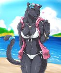  &lt;3 beach bikini black_fur black_panther bracelet breasts clothed clothing eyewear feline female flower fur giraffe_(artist) green_eyes jewelry leopard looking_at_viewer mammal necklace panther partially_clothed plant seaside solo spots sunglasses swimsuit 