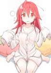  ahoge barefoot blush bottomless breasts cleavage collarbone commentary_request dress_shirt long_hair looking_at_viewer medium_breasts naked_shirt no_bra original oversized_clothes pillow red_eyes red_hair senhappyaku shirt sitting sleepy sleeves_past_wrists solo thigh_gap wariza white_background white_shirt 