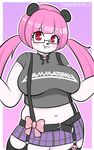  band_shirt bear big_breasts blush breasts clothing comaofsouls destinee digital_media_(artwork) eyewear female gamma_ray_(band) garter_belt garter_straps glasses hair mammal miniskirt navel panda simple_background skirt slightly_chubby smile suspenders 