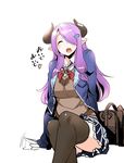  ajishio alternate_costume closed_eyes draph granblue_fantasy hair_over_one_eye horns narmaya_(granblue_fantasy) pointy_ears purple_hair school_uniform skirt solo thighhighs 