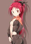  1girl :o black_bow blush bodysuit bow breasts brown_background cleavage collar collarbone hair_bow hand_on_hip highres long_hair looking_at_viewer mahou_shoujo_madoka_magica nagatani_(nagata2) navel orange_eyes parted_lips ponytail red_hair sakura_kyouko silhouette simple_background skin_tight small_breasts solo standing stomach surprised tareme unzipping very_long_hair zipper 