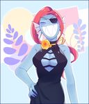  :d bare_shoulders blue_skin blush breasts cleavage closed_eyes collarbone downscaled dress eyepatch grin hand_on_hip head_fins large_breasts long_hair md5_mismatch monster_girl no_bra open_mouth ponytail red_hair resized ribbon sharp_teeth sleeveless smile solo teeth undertale undyne 