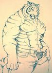  abs biceps big_muscles chest_tuft clothed clothing feline fur giraffe_(artist) lam-chan looking_at_viewer male mammal monochrome muscular muscular_male partially_clothed pecs seductive sketch solo standing stripes tiger traditional_media(artwork) tuft undressing 